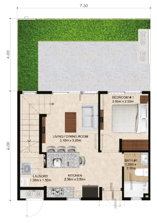 Planta baja del modelo de 2 habitaciones